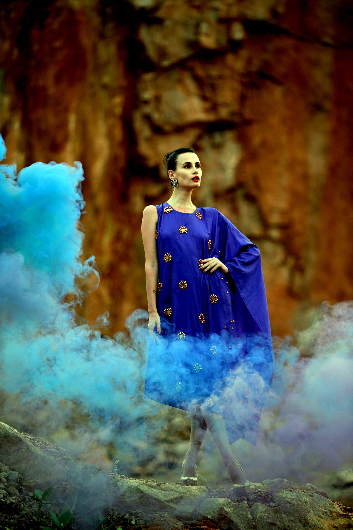 Purple Pure Silk Round 3D Embroidered Draped Dress