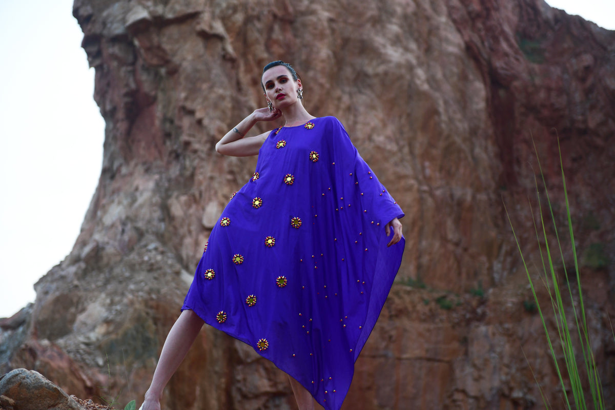 Purple Pure Silk Round 3D Embroidered Draped Dress