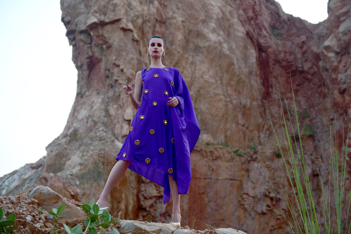 Purple Pure Silk Round 3D Embroidered Draped Dress