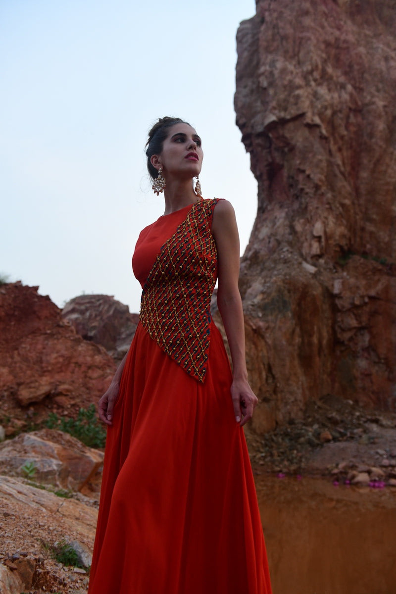 Orange One Sided Geometric Dress