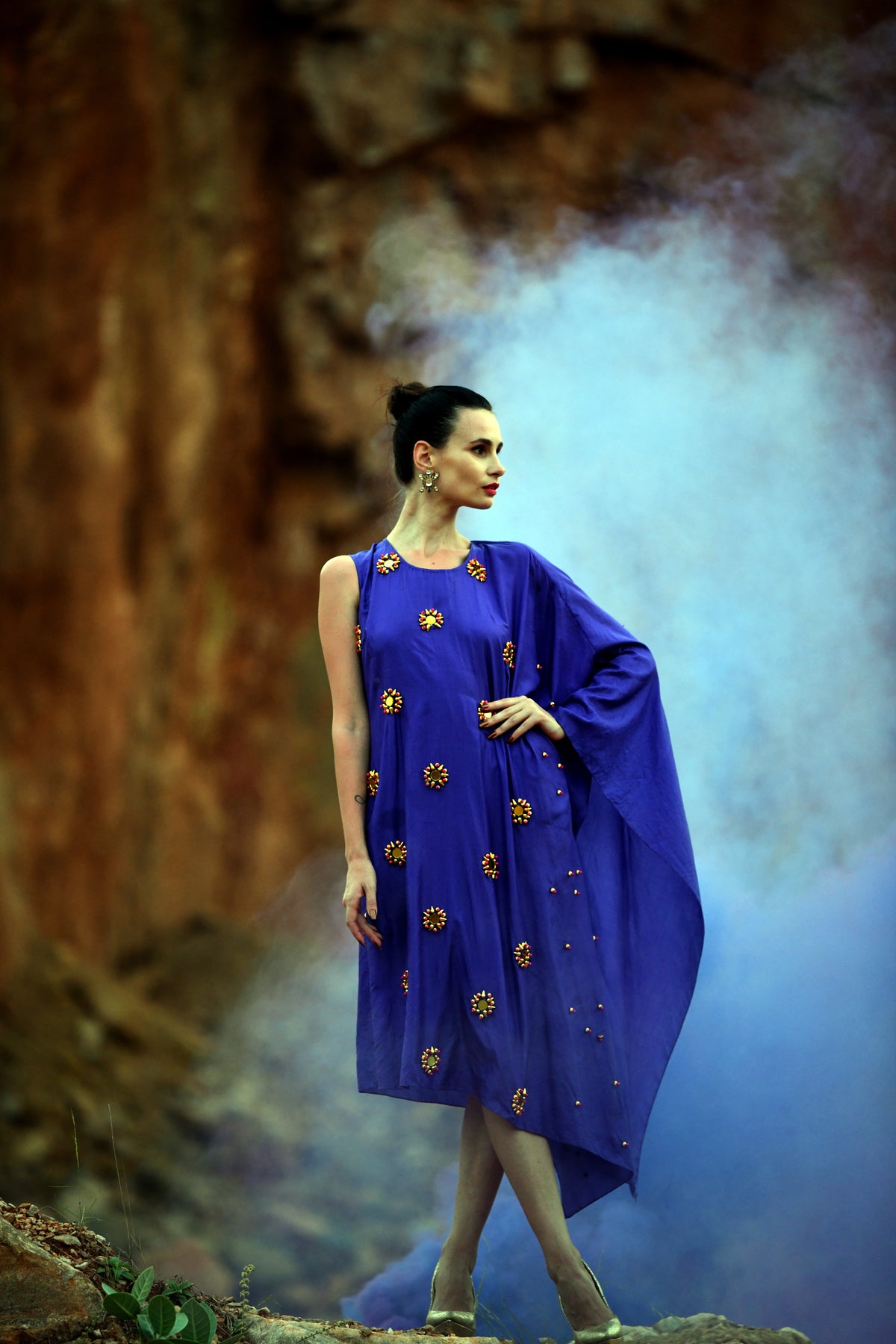 Purple Pure Silk Round 3D Embroidered Draped Dress